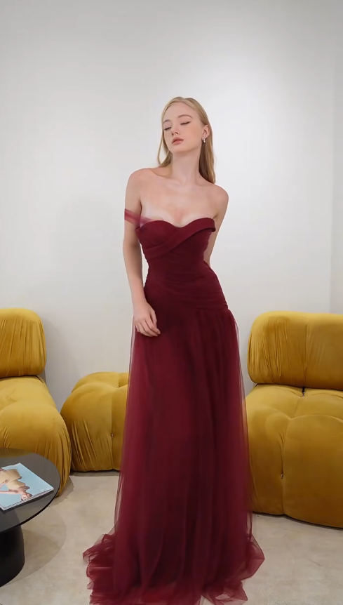 Elegant Burgundy Prom Dress Sheath Tulle Long Evening Dress DP06792