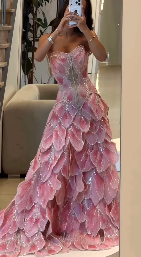Elegant Pink Prom Dress Sheath Tulle Long Evening Dress DP06793