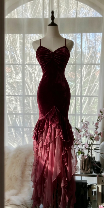 Elegant Burgundy Prom Dress Sheath Chiffon Beaded Long Evening Dress DP06795