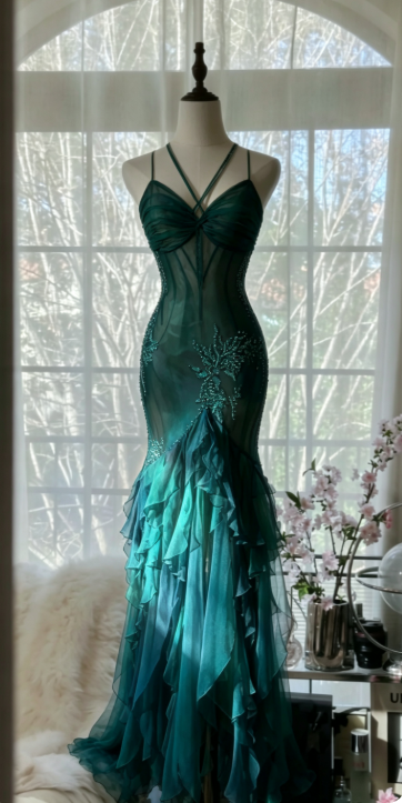 Elegant Peacock Blue Prom Dress Sheath Chiffon Beaded Long Evening Dress DP06796