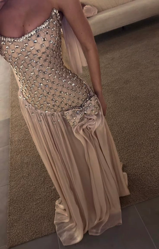 Elegant Champagne Prom Dress Sheath Beaded Chiffon Long Evening Dress DP06800