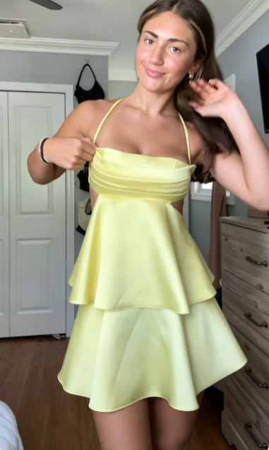 Pretty Yellow Birthday Dress Sheath Satin Short Homecoming Dress DP06810