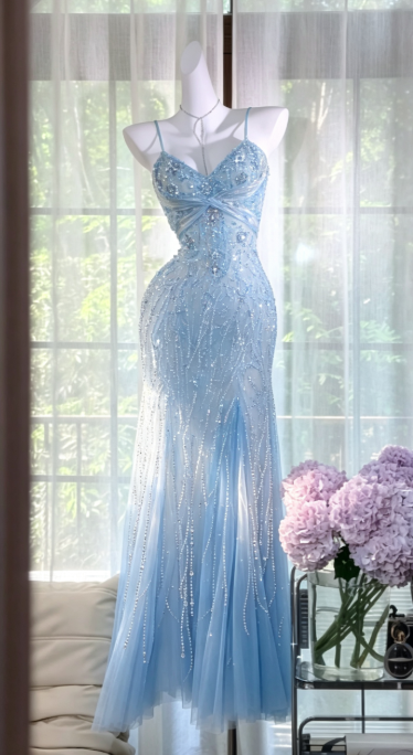 Elegant Blue Prom Dress Sheath Chiffon Beaded Long Evening Dress DP06820