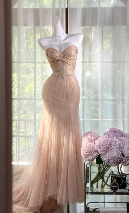 Elegant Champagne Prom Dress Sheath Chiffon Beaded Long Evening Dress DP06823