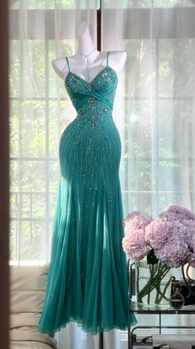Elegant Teal Prom Dress Sheath Chiffon Beaded Long Evening Dress DP06824