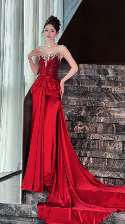 Elegant Burgundy Prom Dress Sheath Satin Long Evening Dress DP06830