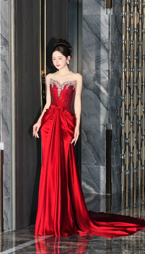 Elegant Burgundy Prom Dress Sheath Satin Long Evening Dress DP06830