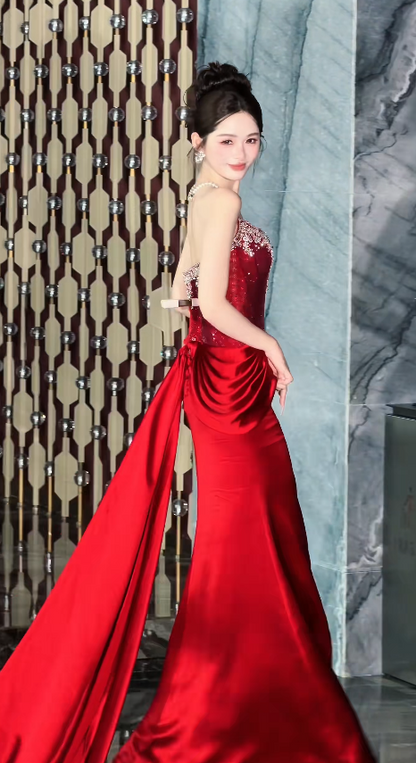 Elegant Burgundy Prom Dress Sheath Satin Long Evening Dress DP06830