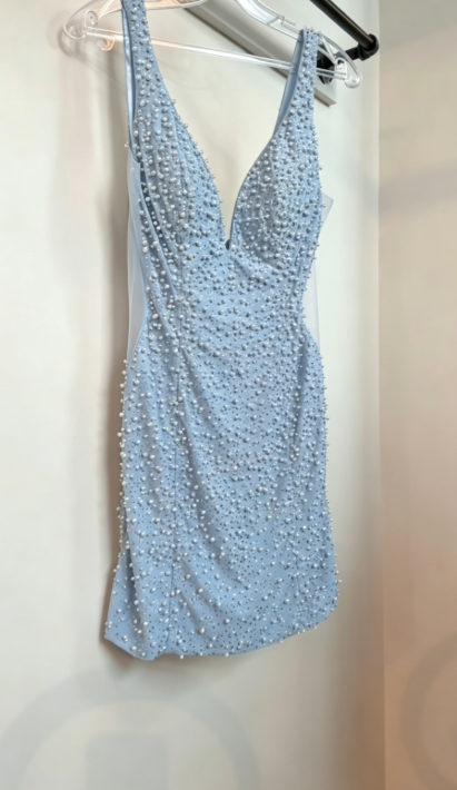 Glamours Blue Birthday Dress Sheath Chiffon Beaded Senior Hoco Dress DP06846