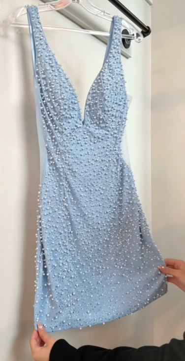 Glamours Blue Birthday Dress Sheath Chiffon Beaded Senior Hoco Dress DP06846