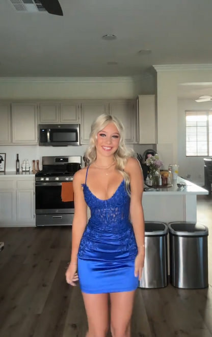 Glamours Blue Birthday Dress Sheath Satin Hoco Dress DP06850