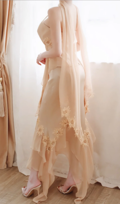 Chic Champagne Sheath Chiffon Long Prom Dress DP06945