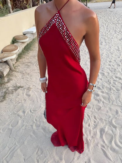 Robe de soirée longue satin fourreau rouge mode DP06997