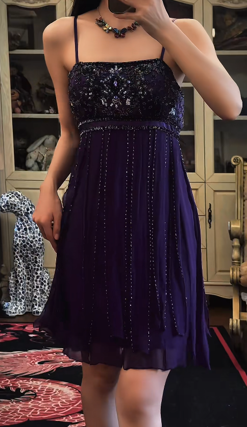 Chic Purple Short Homecoming Dress Sheath Chiffon Beaded Birthday Dress DP07010