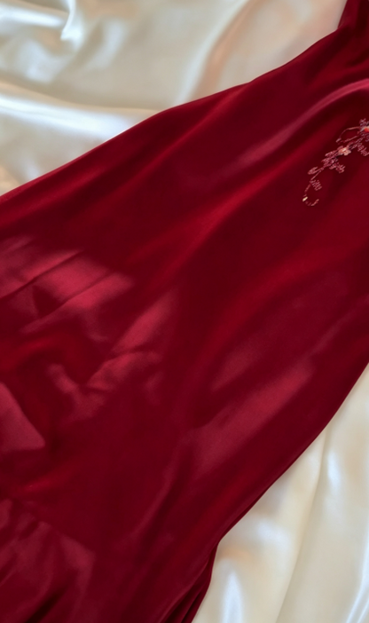 Chic Burgundy Prom Dress Sheath Satin Long Evening Dress DP07038