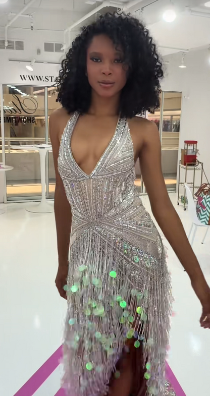 Chic Silver Prom Dress Sheath Beaded Long Evening Dress DP07039