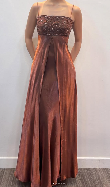 Glamours Brown Prom Dress Sheath Satin Long Evening Dress DP07042