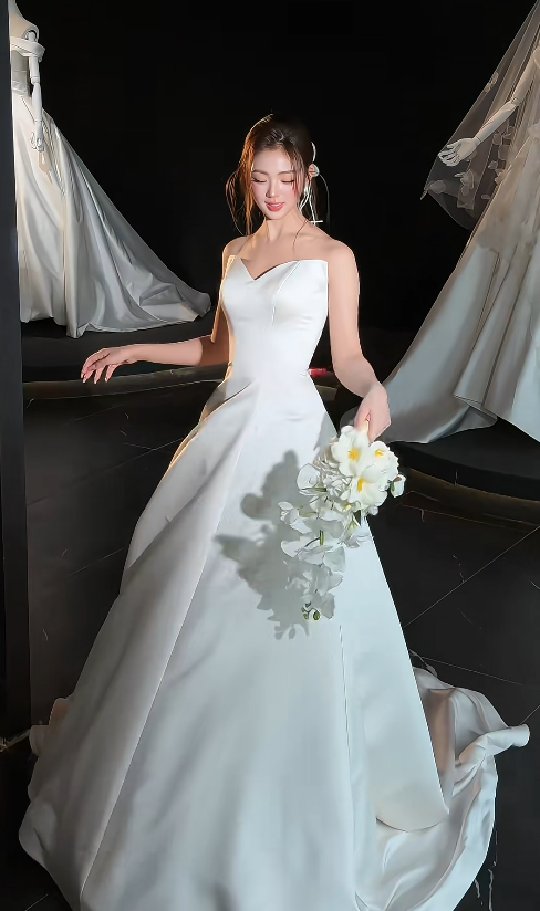 Glamours White Bridal Gown Satin A-line Wedding Dress DP07055