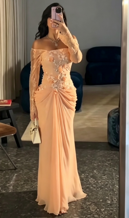 Glamours Orange Evening Gown Chiffon Sheath Long Prom Dress DP07062
