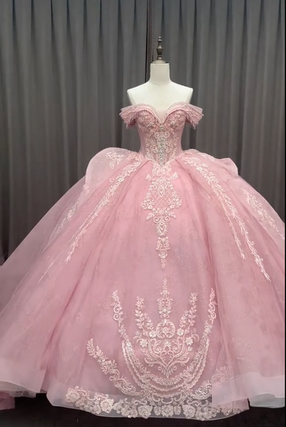 Fairy Pink Ball Gown Sweet 16 Dress Tulle Appliques Quineceanera Dress DP07077