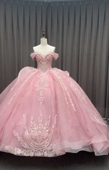 Fairy Pink Ball Gown Sweet 16 Dress Tulle Appliques Quineceanera Dress DP07077