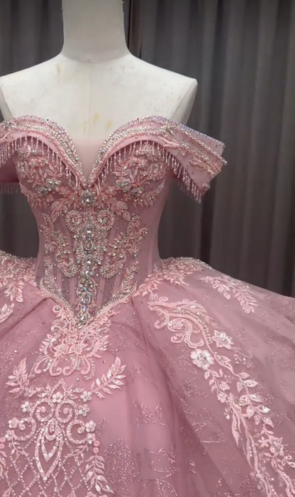 Fairy Pink Ball Gown Sweet 16 Dress Tulle Appliques Quineceanera Dress DP07077