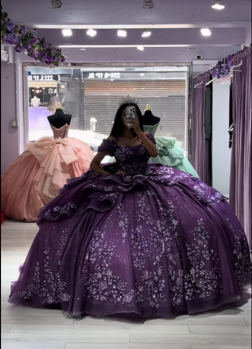 Fairy Purple Ball Gown Sweet 16 Dress Tulle Appliques Quineceanera Dress DP07078
