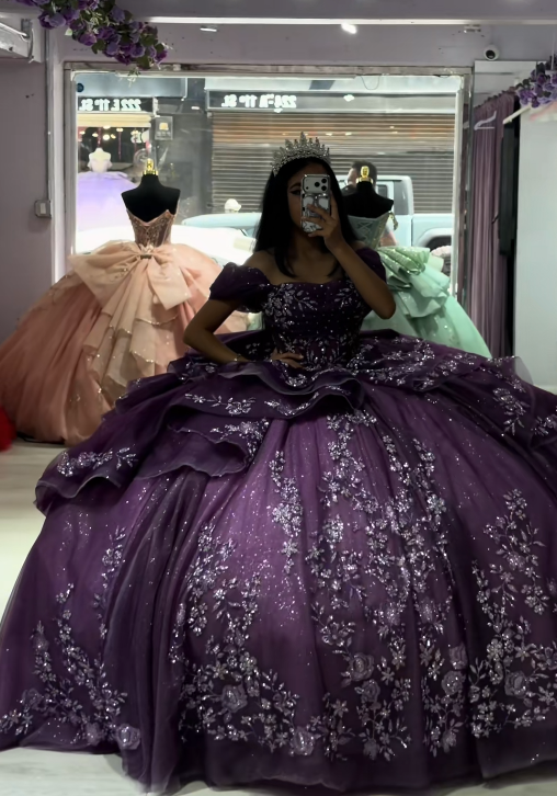 Fairy Purple Ball Gown Sweet 16 Dress Tulle Appliques Quineceanera Dress DP07078