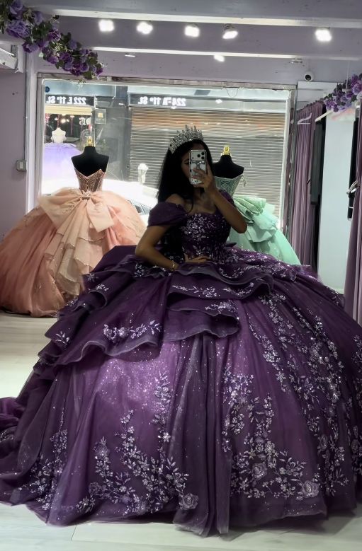 Fairy Purple Ball Gown Sweet 16 Dress Tulle Appliques Quineceanera Dress DP07078
