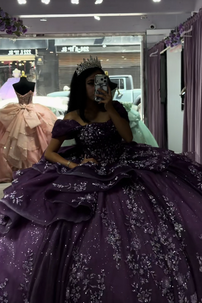 Fairy Purple Ball Gown Sweet 16 Dress Tulle Appliques Quineceanera Dress DP07078