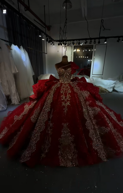 Fairy Red Ball Gown Sweet 16 Dress Tulle Appliques Quineceanera Dress DP07082