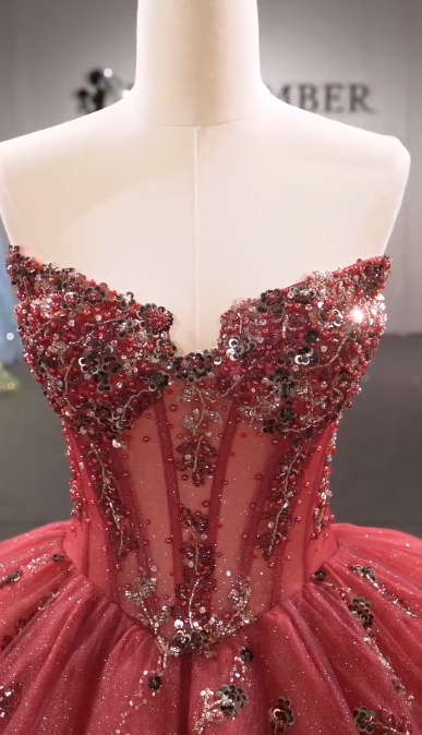 Fairy Red Ball Gown Sweet 16 Dress Tulle Appliques Quineceanera Dress DP07083