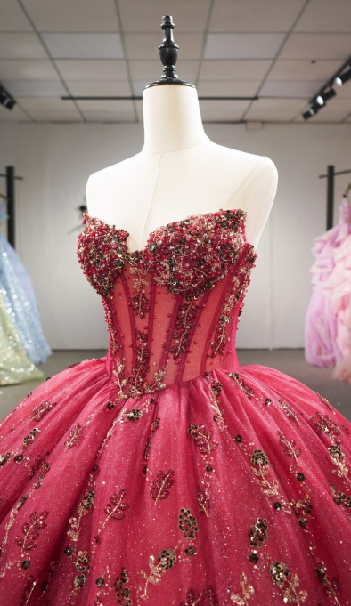 Fairy Red Ball Gown Sweet 16 Dress Tulle Appliques Quineceanera Dress DP07083