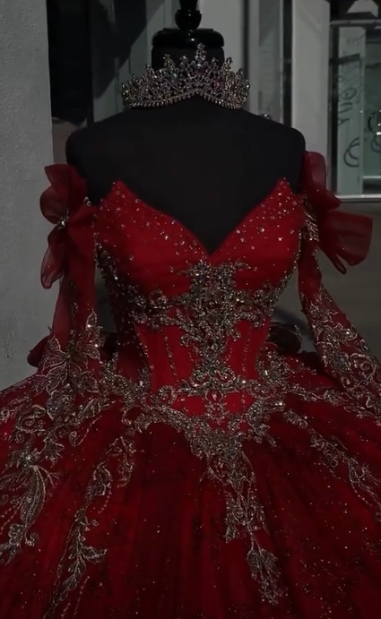 Fairy Red Ball Gown Sweet 16 Dress Tulle Appliques Quineceanera Dress DP07084