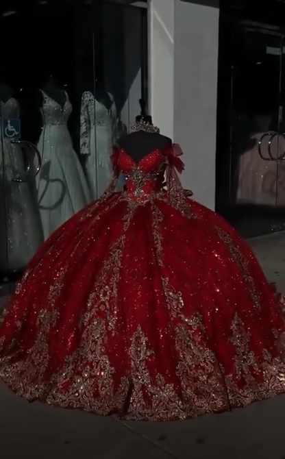Fairy Red Ball Gown Sweet 16 Dress Tulle Appliques Quineceanera Dress DP07084
