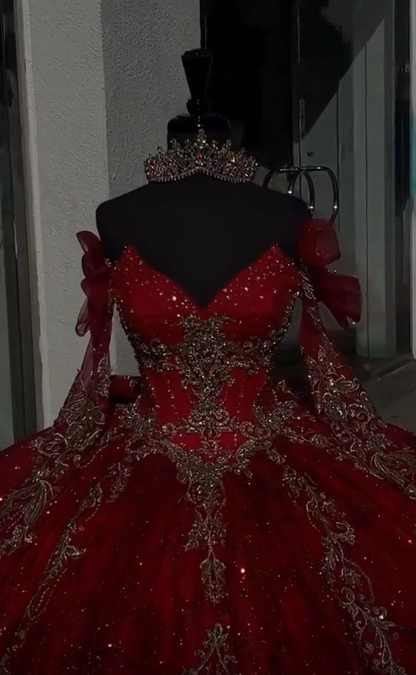 Fairy Red Ball Gown Sweet 16 Dress Tulle Appliques Quineceanera Dress DP07084