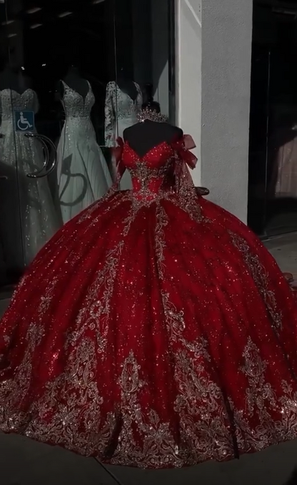 Fairy Red Ball Gown Sweet 16 Dress Tulle Appliques Quineceanera Dress DP07084