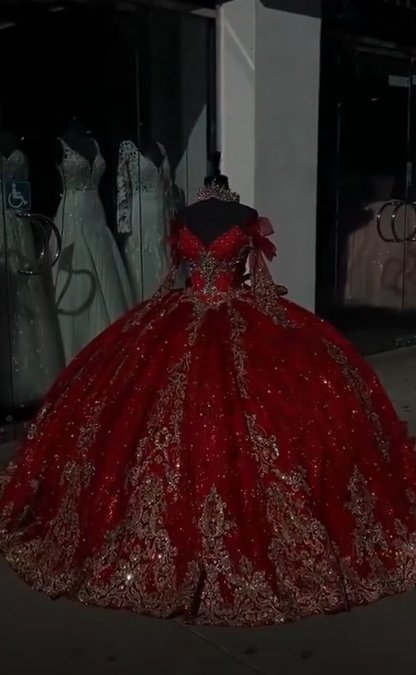 Fairy Red Ball Gown Sweet 16 Dress Tulle Appliques Quineceanera Dress DP07084