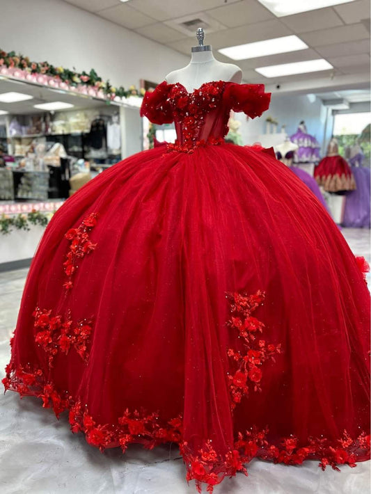 Fairy Red Ball Gown Sweet 16 Dress Tulle Appliques Quineceanera Dress DP07085