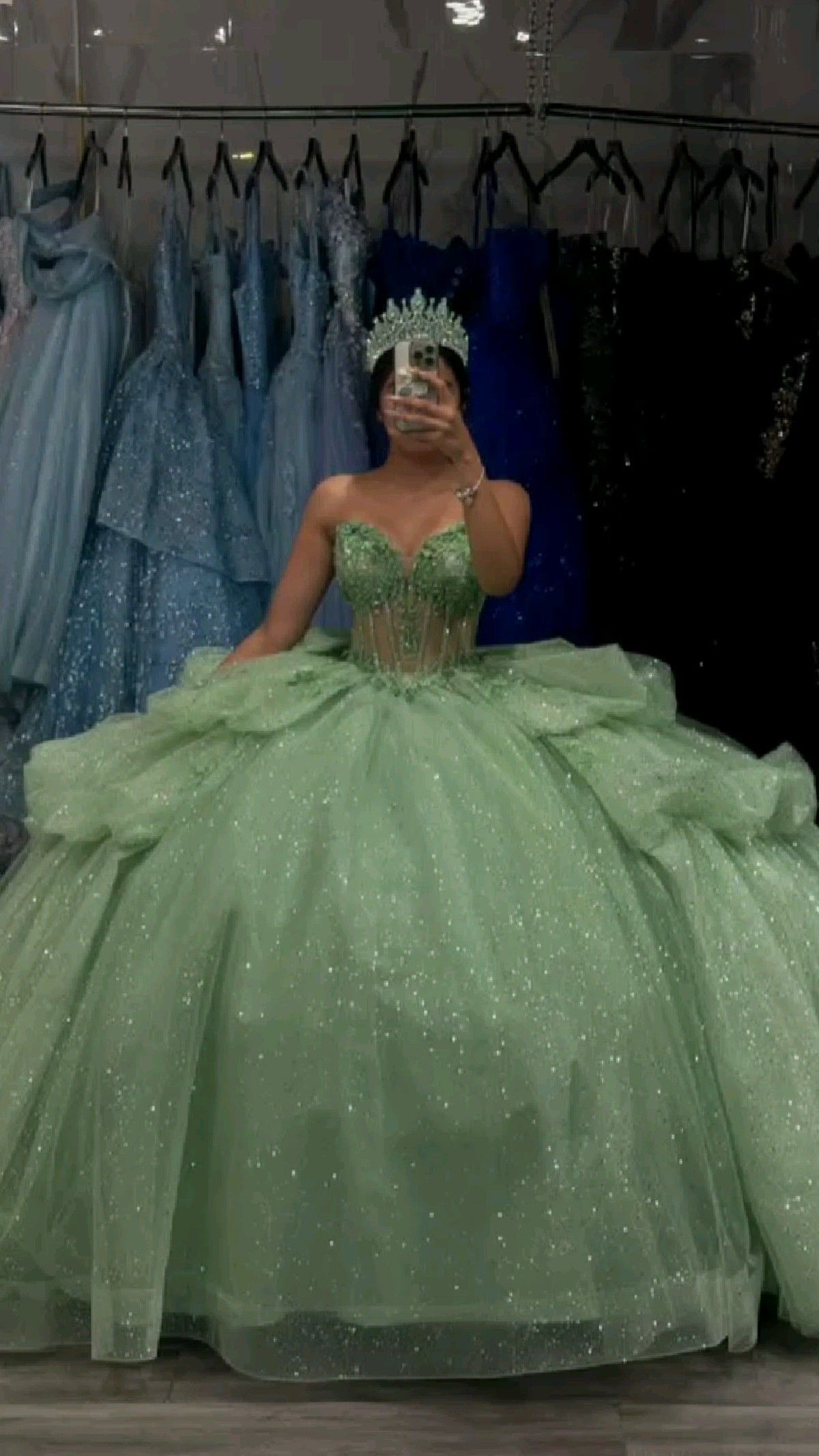 Fairy Green Ball Gown Sweet 16 Dress Tulle Appliques Quineceanera Dress DP07086