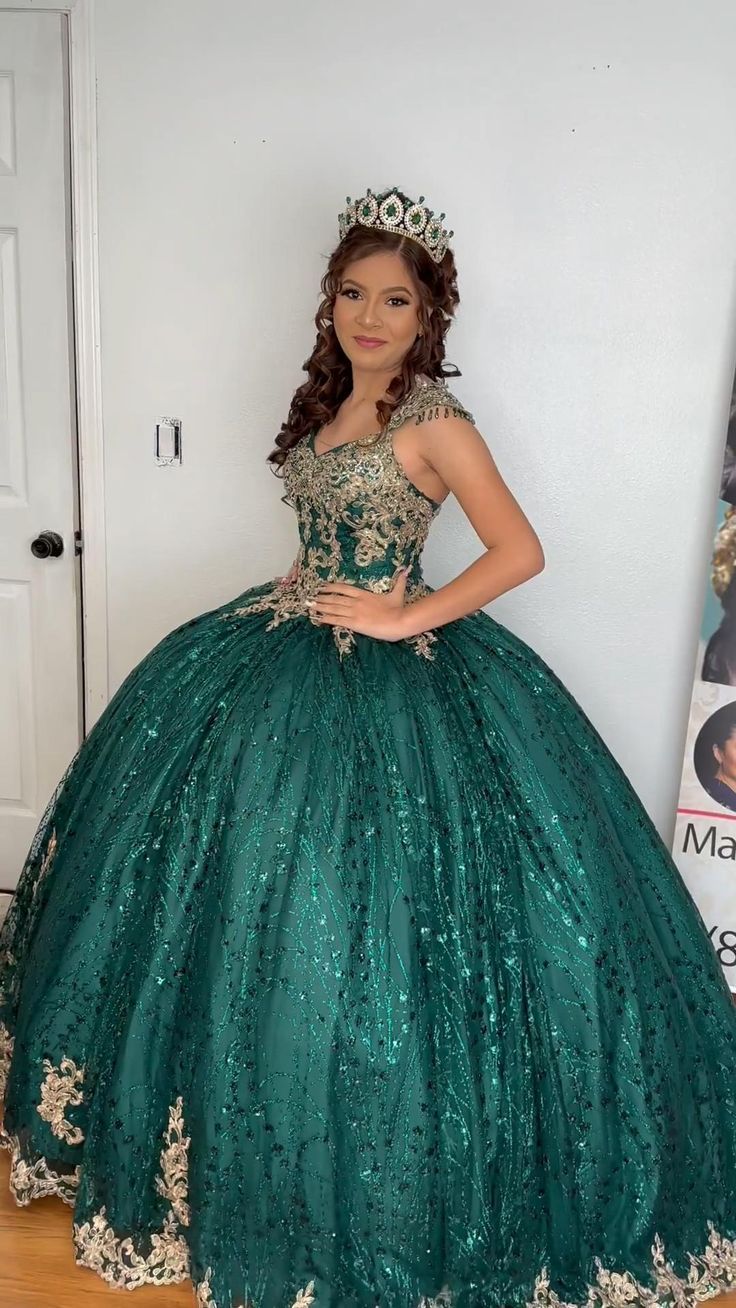 Fairy Dark Green Ball Gown Sweet 16 Dress Tulle Appliques Quineceanera Dress DP07088