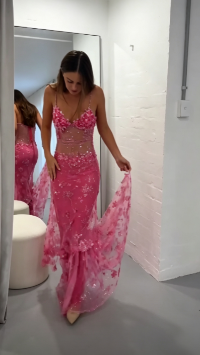 Elegant Pink Long Prom Dress Sheath Chiffon Sequins Prom Dress DP07098