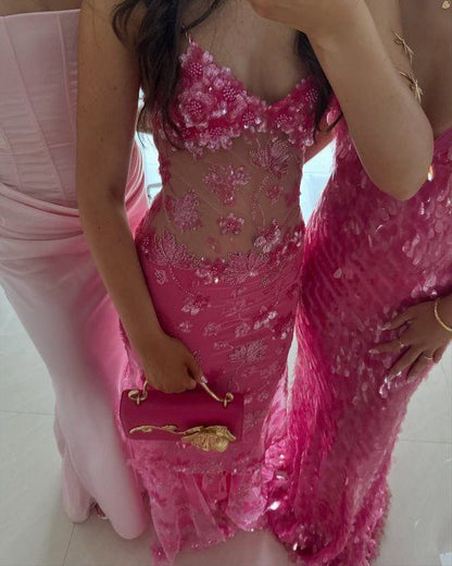 Elegant Pink Long Prom Dress Sheath Chiffon Sequins Prom Dress DP07098