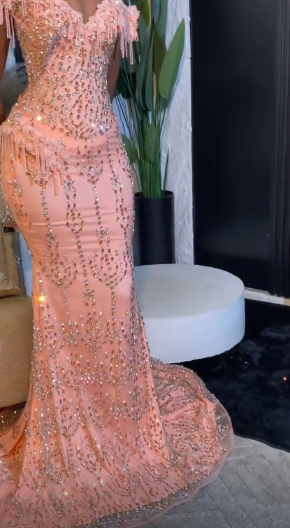 Elegant Pink Long Prom Dress Sheath Tulle Beaded Prom Dress DP07099