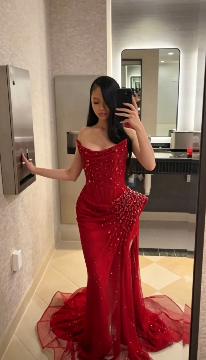 Elegantes rotes langes Abschlussballkleid Etui Tüll Perlen Ballkleid DP07100