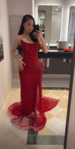 Elegant Red Long Prom Dress Sheath Tulle Beaded Prom Dress DP07100