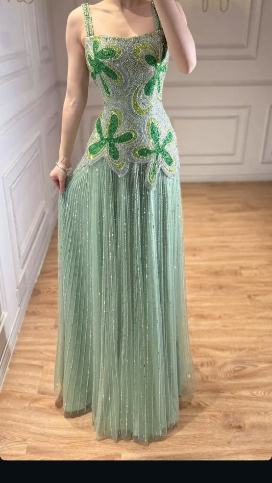 Elegant Green Long Prom Dress Sheath Beaded Evening Dress DP07104