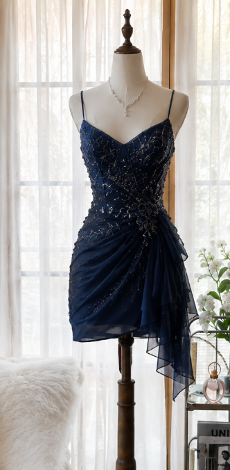Chic Navy Blue Short Homecoming Dress Sheath Chiffon Beaded Birthday Dress DP07125