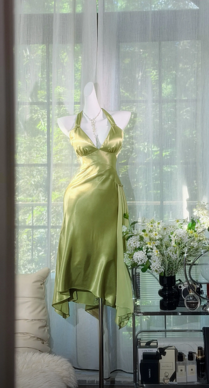 Chic Green Short Homecoming Dress Sheath Satin Birthday Dress DP07126