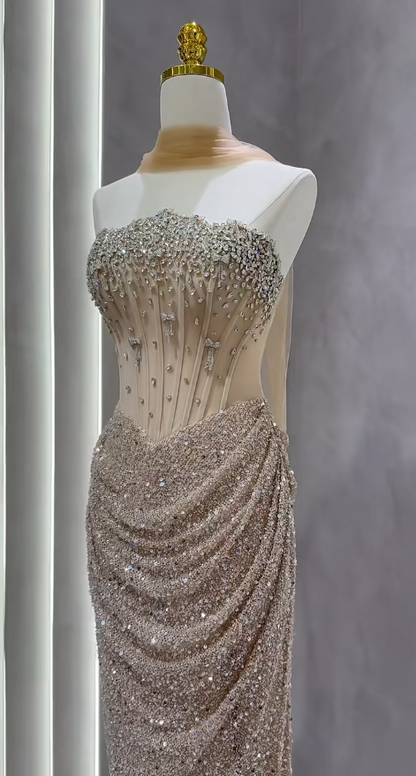 Pretty Light Gold Prom Dress Sheath Tulle Sequins Long Evening Dress DP07151